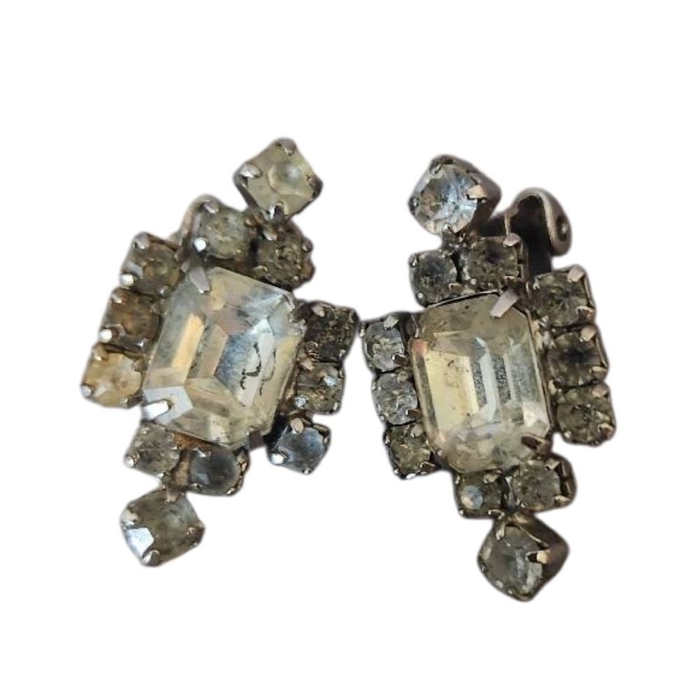 Vintage Elegant Silver Crystal Clip On Earrings